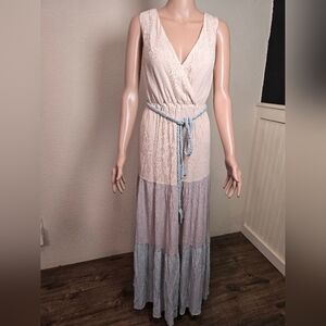 FLYING TOMATO Sz XS Beige Color Block Crinkle Gauze Ruffle Tier Maxi Dress Boho